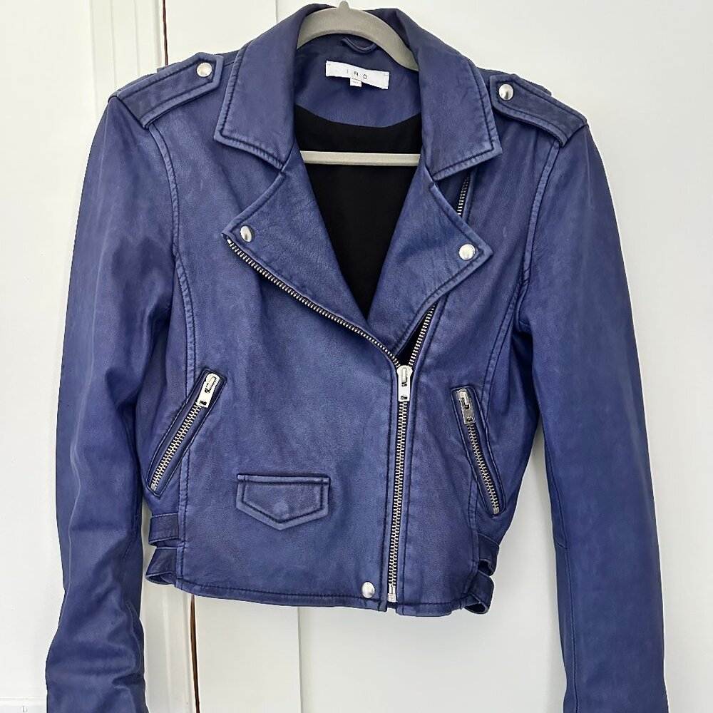 IRO Paris Ashville Leather Moto Jacket, blue, size FR40/US8